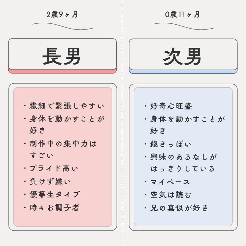 長男と次男の性格を比較した一覧表。幼児教室選びで重視したポイントが分かる画像