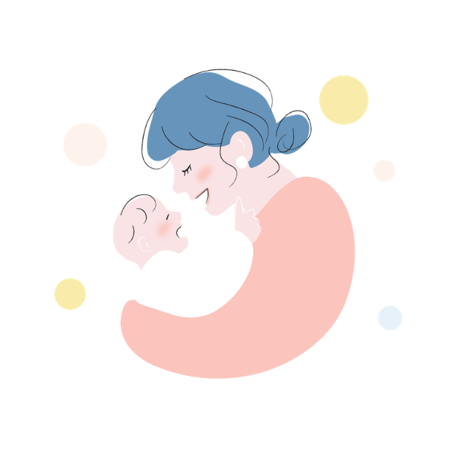 母親と赤ちゃんが抱き合って微笑んでいるイラスト。親子の愛情を表現した優しい雰囲気のデザイン。